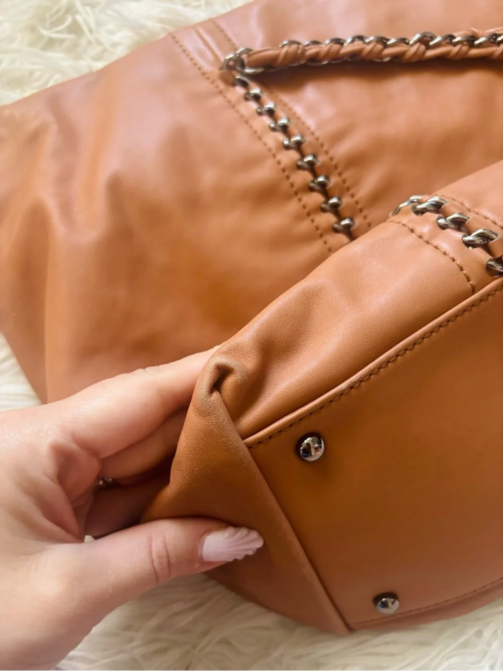 CHANEL Tan Leather Chain-Strap Tote with Stitched CC Emblem